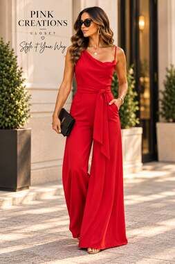 Red Draped Neckline Tie-Waist Wide-Leg Jumpsuit Small NWT